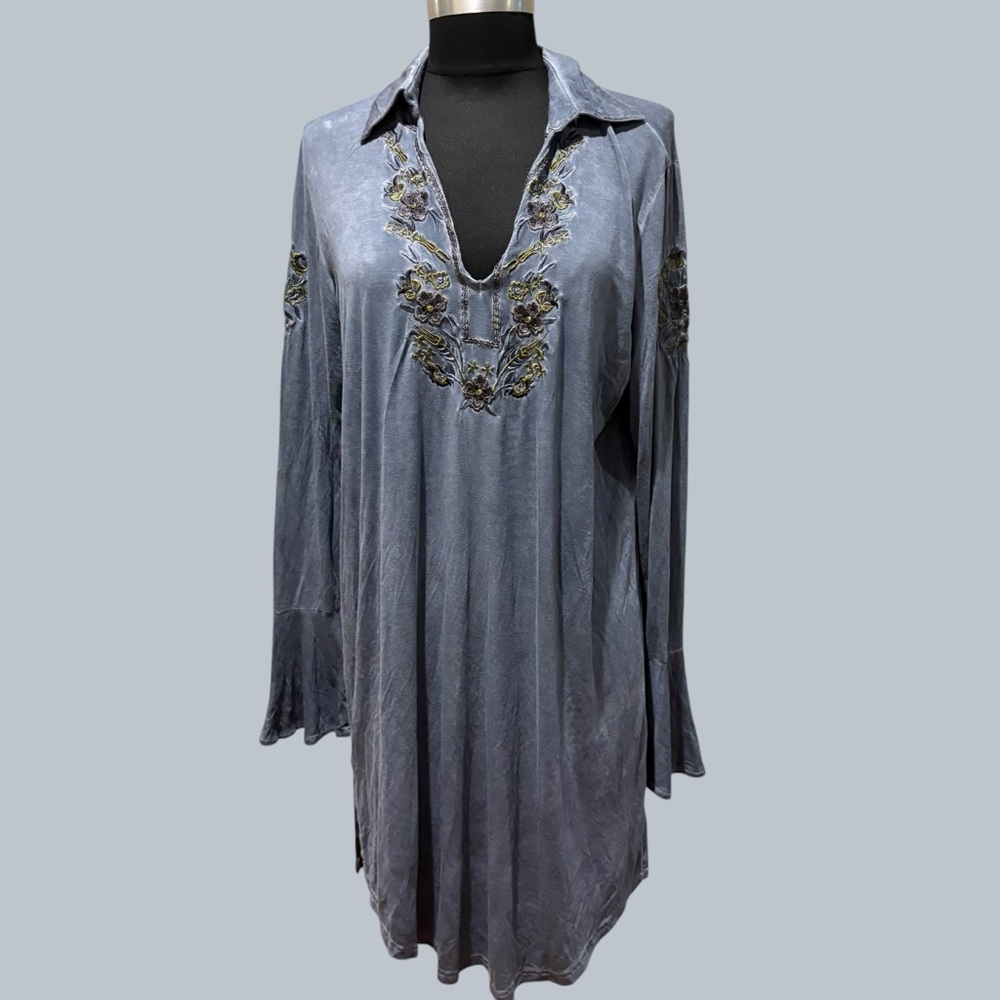 POL Slate Blue Embroidered  tunic Midi Dress size M